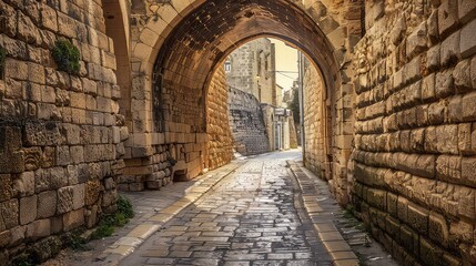 A narrow stone pathway leads through a stone archway in a medieval city.