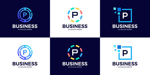 Collection of Technology letter P logo design template. Initials symbol for Business, Start up, Artificial Intelligence.