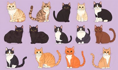 Fototapeta premium Charming Cartoon Cats of Various Breeds on Soothing Lilac Background