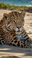 Obraz premium A close-up of a leopard lounging on the sand near a beach.