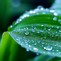 Beautiful details of nature. Morning dew drops on fresh green leaf,  Drops of clean transparent water on leaves, Spring summer natural background, the rain drops on the green leaf in closeup, concept 
