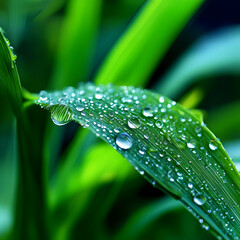 Beautiful details of nature. Morning dew drops on fresh green leaf,  Drops of clean transparent water on leaves, Spring summer natural background, the rain drops on the green leaf in closeup, concept 