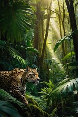 A jaguar prowls through a lush jungle, illuminated by beams of sunlight.