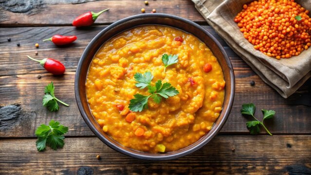 Indian dhal with red lentils garnished with coriander, Indian, dhal, lentil, soup, garnish, coriander, vegetarian, spicy