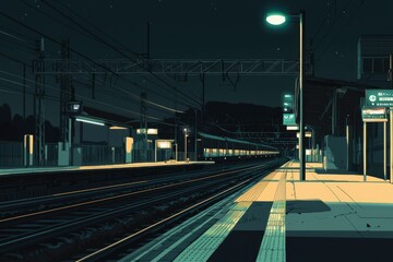 Train station at night with gentle, warm lighting and an almost nostalgic feel. Cozy vibe, Generative AI