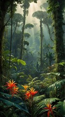 A lush jungle scene with vibrant flowers and dappled sunlight filtering through the trees.