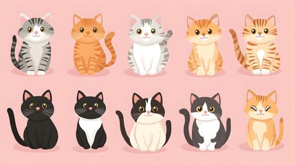 Assortment of Vibrant Cartoon Style Cats on Soft Pink Background
