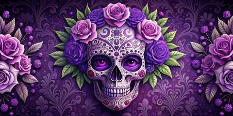 Fototapeta premium Decorative sugar skull adorned with purple roses and intricate floral patterns, Day of the Dead, Mexican tradition