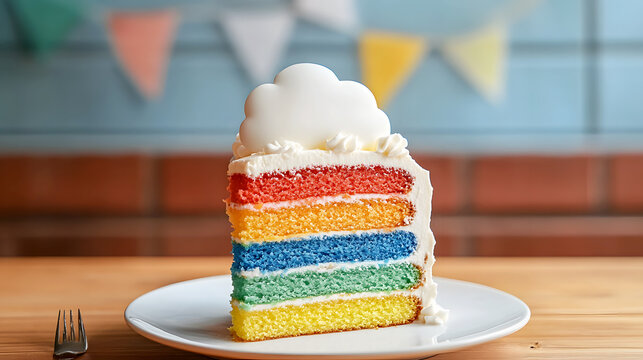 Rainbow Cake with layers in every color of the rainbow, topped with a white frosting cloud