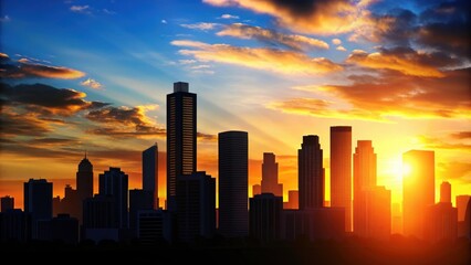 Fototapeta premium Silhouette of downtown high-rise buildings against the sunset sky, urban, cityscape, skyline, modern