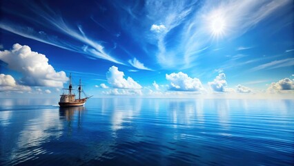 Naklejka premium Ship sailing on open sea with blue skies and calm waters, ship, boat, vessel, ocean, water, waves, horizon, adventure