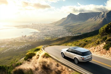 Naklejka premium Luxury SUV driving on a scenic mountain road with a city view, ideal for travel promotions, road trip articles, or car advertisements, ai