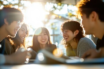 カフェで談笑する日本人大学生の男女