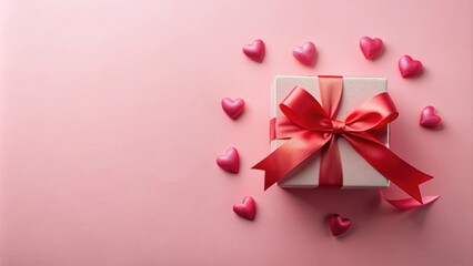 Pink gift box with red ribbon and hearts on pastel pink background. Valentine's Day concept, flat lay, Valentine's Day, love
