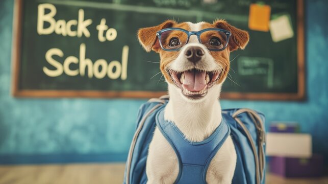 Happy back to school dpg yellow background. Nerd style in glasses. Lovely pet Jack russell terrier. High quality photo