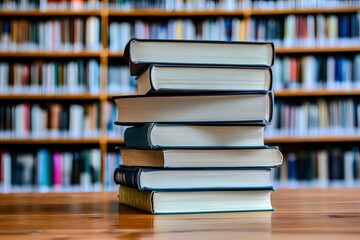 stack of books against the background of library, stack of books in front of library, books on wooden table , ai