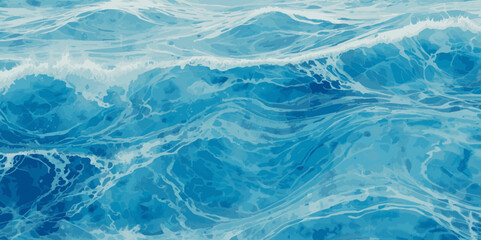 Vector ocean watercolor soft blue and white wavey curve line background. Blue water ocean sea wave seamless background.