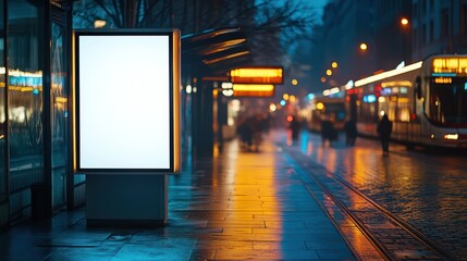 A city transit station outdoor setting showcases an empty white lightbox sign with a blank digital advertisement panel