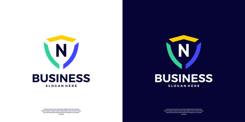 Colorful shield security with letter N mark logo design.