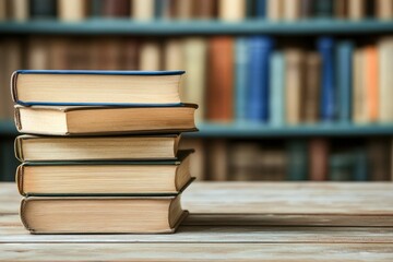 stack of books against the background of library, stack of books in front of library, books on wooden table , ai