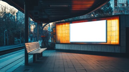 A city transit station outdoor setting showcases an empty white lightbox sign with a blank digital advertisement panel