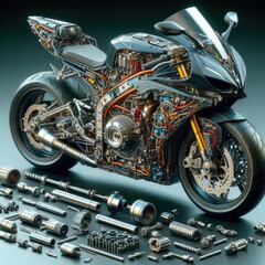 Fototapeta premium 3D Illustration of the motorcycle is cut open to show the spare parts, background, banner, card, poster, template, elegant