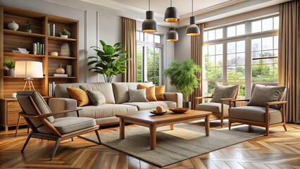 Fototapeta premium A comfortable living space combines a stylish sofa, elegant armchairs, and a rustic wooden coffee table, exuding a