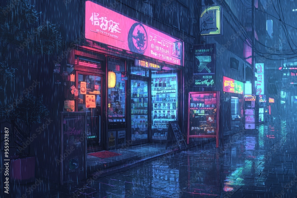 Wall mural City streets on a rainy night with glowing shop windows and a quiet, cozy mood. Cozy vibe, Generative AI