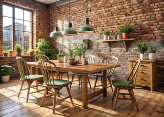 A cozy dining room, adorned with a rustic wooden table and mismatched chairs, finds elegant simplicity against the