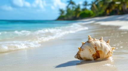 Seashell on a Sandy Beach with Waves and a Blue Sky