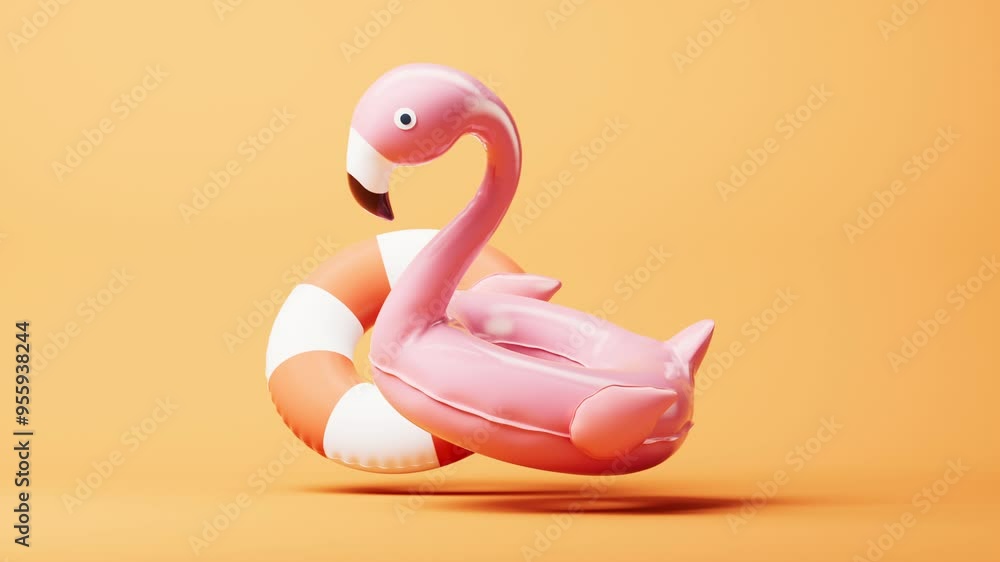 Poster loop animation of flamingo balloon swim ring, 3d rendering.