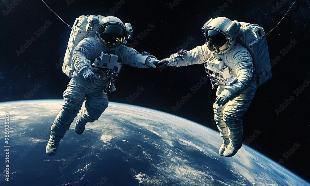 Wall mural two astronauts hold hands while floating above earth in the vastness of space