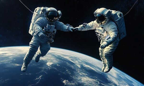 Two astronauts hold hands while floating above Earth in the vastness of space