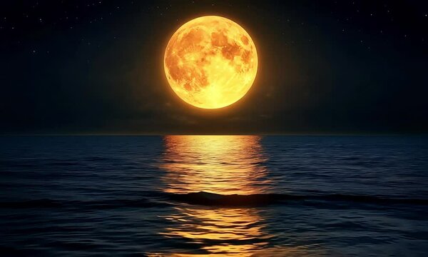 A full moon glows brightly as its light reflects on the gentle ocean waves.