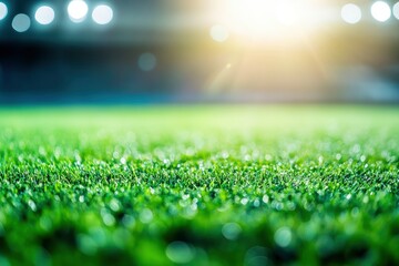 Naklejka premium Football stadium with green grass with bokeh effect and spotlights , ai
