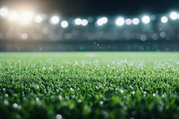 Naklejka premium Football stadium with green grass with bokeh effect and spotlights , ai