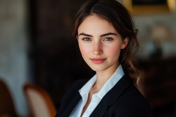 Naklejka premium a businesswoman looking at camera, at home, nature, formal wear,