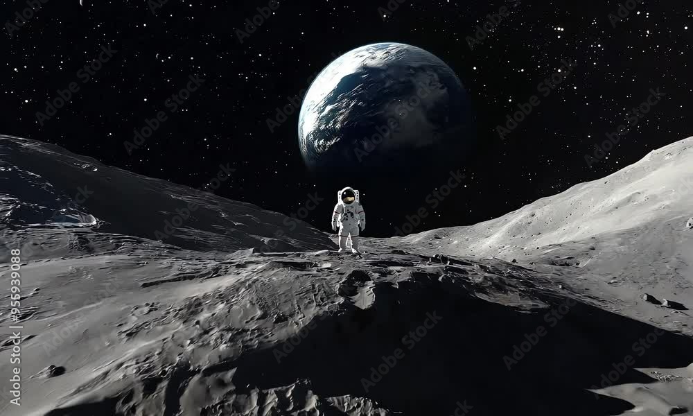 Wall mural an astronaut stands on the moon’s surface with earth visible in the distance.