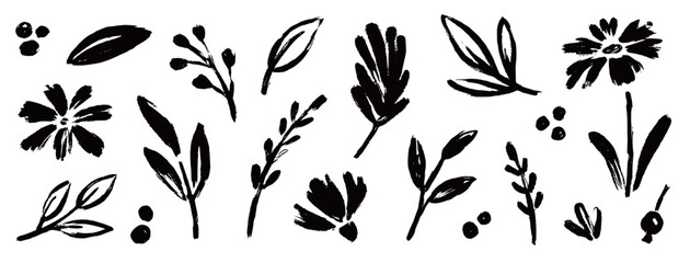 Flower abstract hand drawn brush ink stroke. Sketch hand drawn silhouette floral plant, nature graphic leaf, floral grunge abstract brush. Vector simple flower, leaf ink stroke. Vector illustration