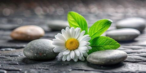 Fototapeta premium Daisy with pebble stones and green leaves, spa and wellness concept, spa, wellness, relaxation, flowers, natural, beauty