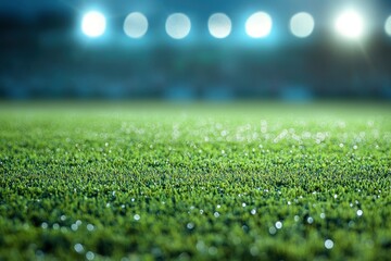 Naklejka premium Football stadium with green grass with bokeh effect and spotlights , ai