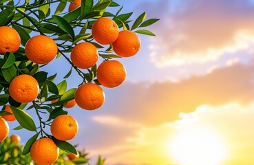 Ripe oranges on the tree at sunrise