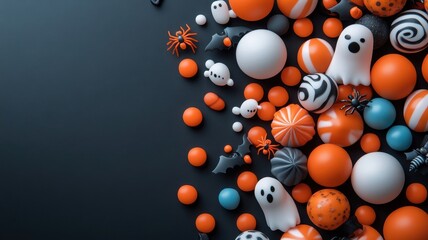 Gumballs with spooky designs arranged in a pattern on black background.