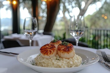 Fried scallops with creamy risotto