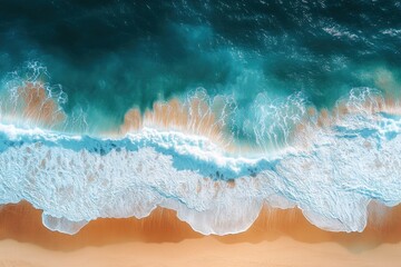 Fototapeta premium Summer seascape beautiful waves, blue sea water in sunny day. Top view from drone. Sea aerial surf, amazing tropical nature background. Mediterranean bright sea bay, waves splashing beach sandy , ai