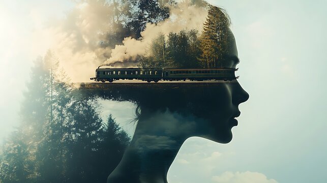 A silhouette of a woman with a train passing through her head, with a forest behind her.