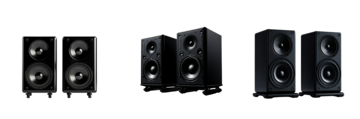 A stylish collection of black audio speakers showcasing modern design and powerful sound quality for music enthusiasts. isolated on a transparent background