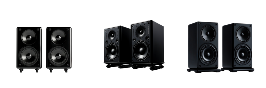 A stylish collection of black audio speakers showcasing modern design and powerful sound quality for music enthusiasts. isolated on a transparent background