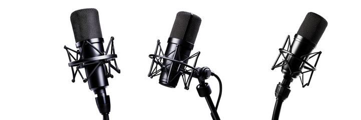 Three stylish black microphones arranged  ideal for music, podcasting or broadcasting. Perfect for audio recording. isolated on a transparent background