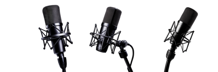 Three stylish black microphones arranged  ideal for music, podcasting or broadcasting. Perfect for audio recording. isolated on a transparent background